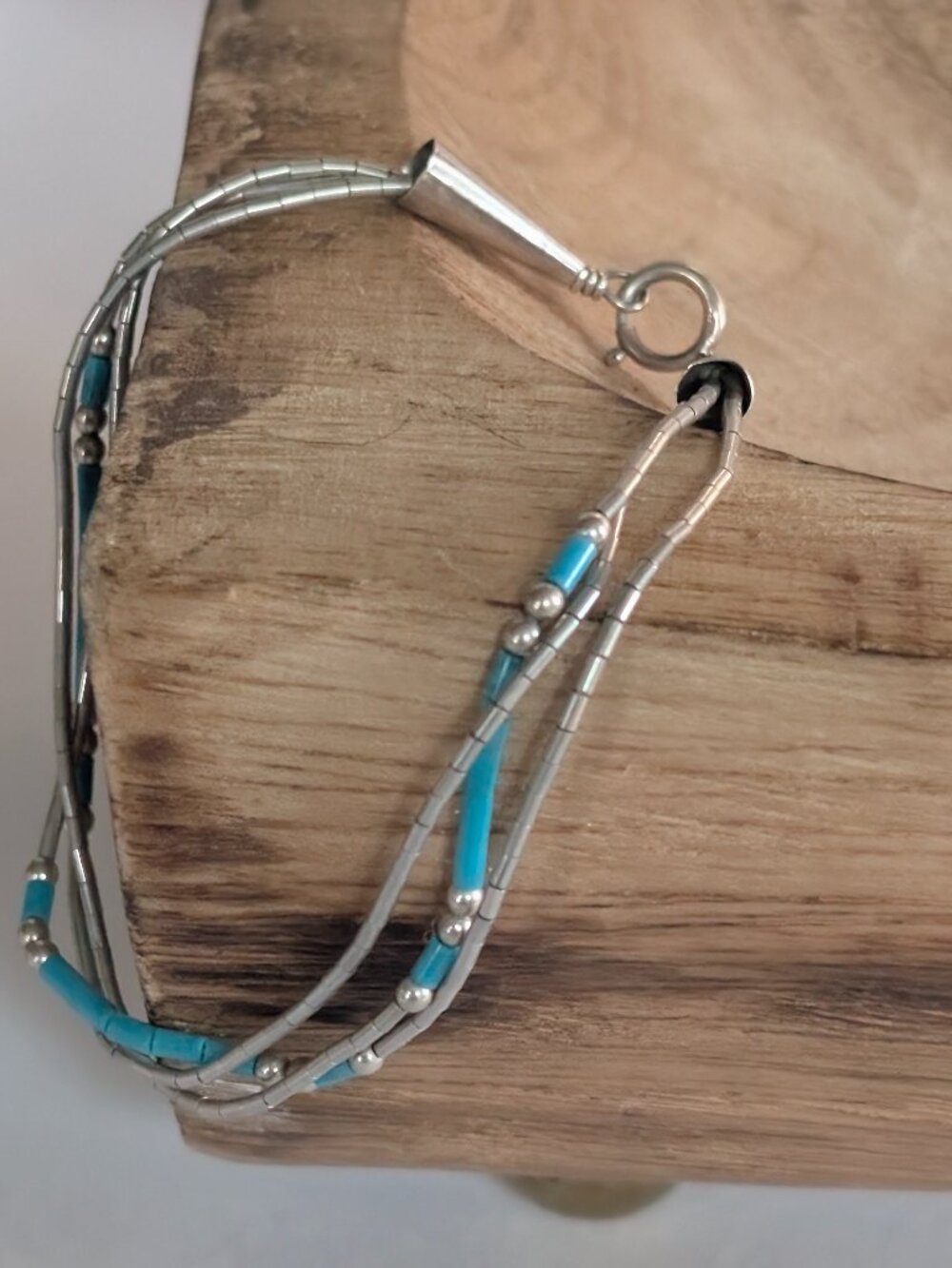 Vintage 3-strand Sterling Liquid Silver Turquoise Bead Cone End Bracelet 7"